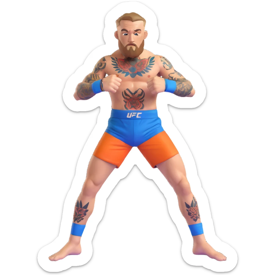 Conor McGregor in fighting stance with blue UFC shorts and detailed tattoos sticker