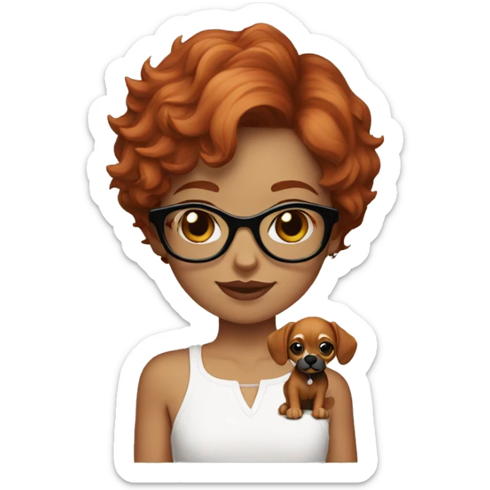 red-haired girl short hair and black glasses holding a Cavalier puppy sticker