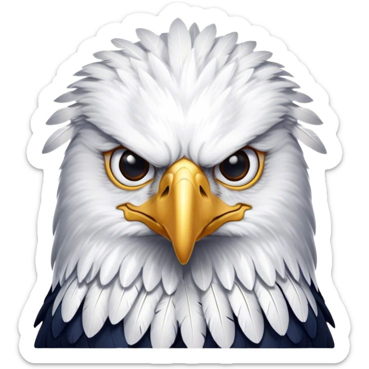 Cinematic Noble American Eagle Portrait Emoji, Poised and regal, with a powerful, broad build, a distinctive white-headed silhouette contrasting a dark, formidable body, and piercing, intense eyes, Simplified yet sharp and sophisticated features, highly detailed, glowing with a soft, majestic radiance, high shine, intelligent and commanding, stylized with an air of national pride, focused and vigilant, soft glowing outline, capturing the essence of a watchful and confident American eagle that appears ready to soar out of the screen with effortless authority! sticker