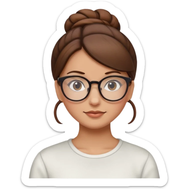woman with brown hair in a bun and glasses, white European sticker