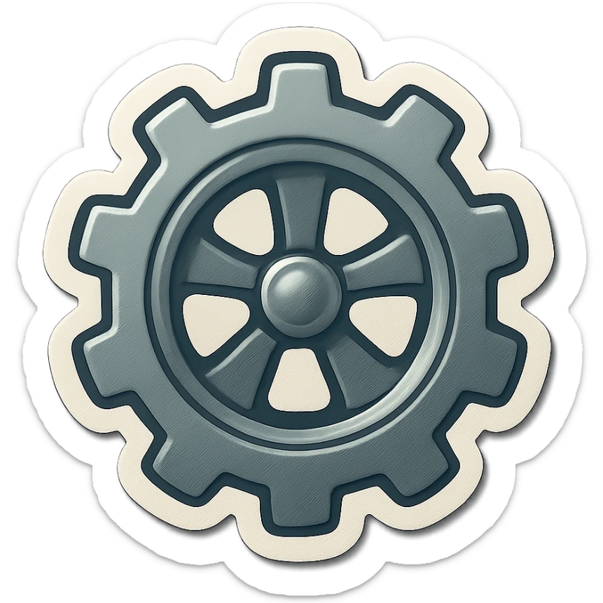 A gray gear and wheel sticker with a vintage design and colorful details sticker