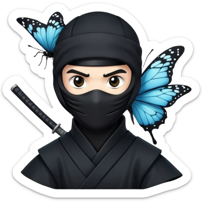 Emoji  con estos dos emojis 🦋 🥷🏻.
Ninja vestido de negro con los ojos de color negro y la piel blanca y con la mariposa posada en su hombro izquierdo como si estuviera volando en su hombro. sticker