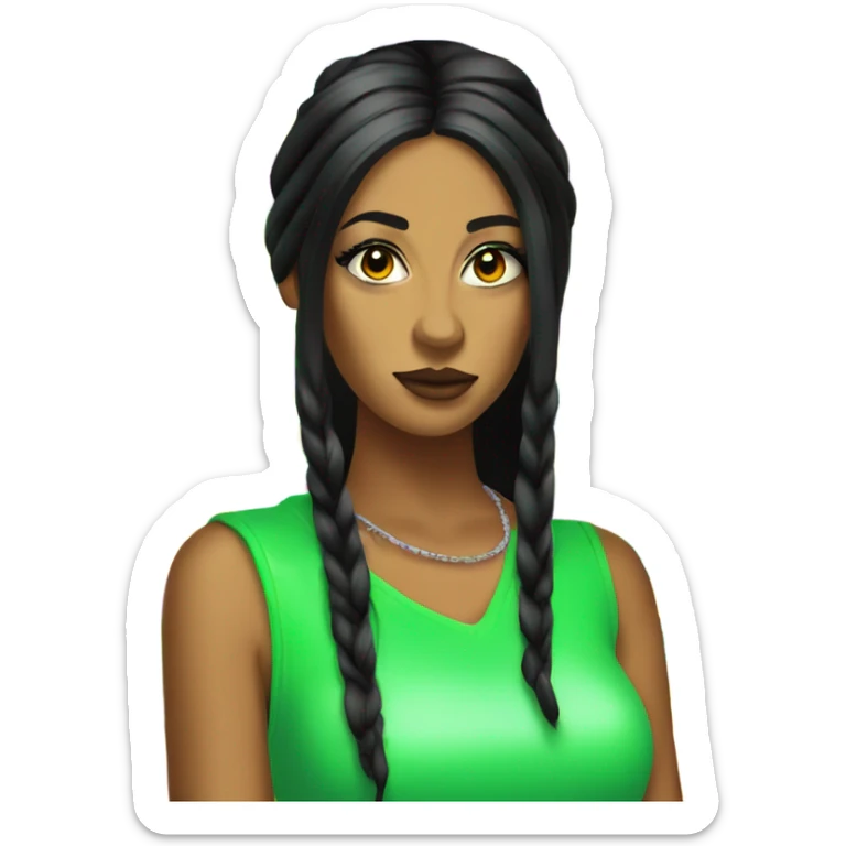 Tanned woman with long black hair, dressed in y2k hip hop hair, makeup, and neon attire sticker