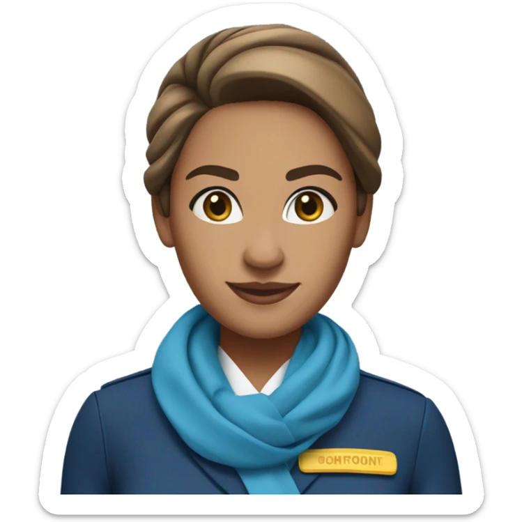 Brown tan skin flight attendant, brown hair in a bun, blue uniform, blue neck scarf sticker