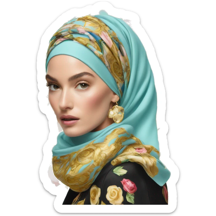 Dolce and Gabbana head scarf with colourful pastel ornament print and golden detais  sticker