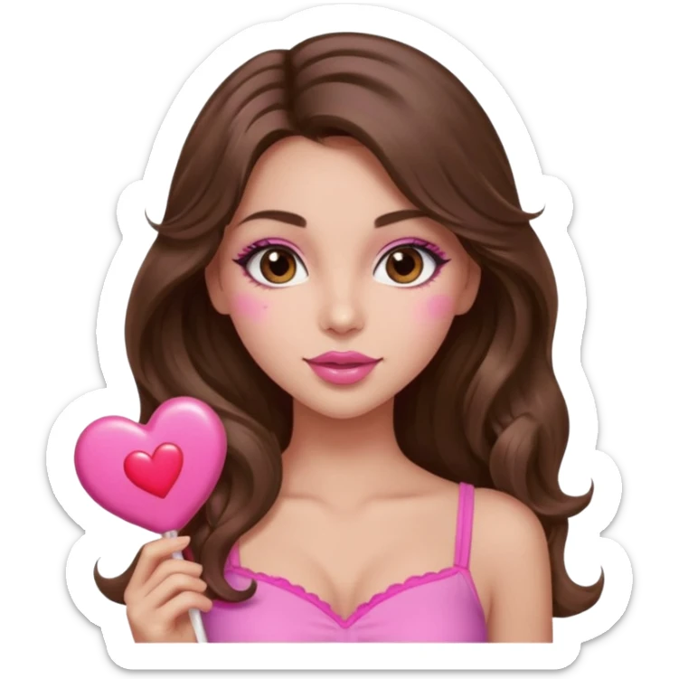 girl with long wavy brown hair, brown eyes, long lashes makeup, sexy pink lips, light to medium complexion, wearing a pink sexy top,, heart lillipop sticker