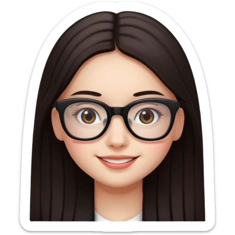 une ado, brune aux cheuveux tres fonces longs lisses blanche, ,lunettes carres noires, yeux bruns fonces joues rose sticker