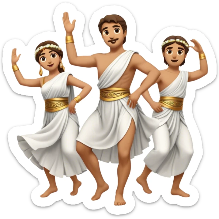 Cinematic Realistic Sirtaki Dance Emoji, depicted as a vibrant traditional Greek dance scene with flowing movements and expressive costumes, rendered with dynamic textures and warm festive lighting that captures its cultural exuberance. sticker