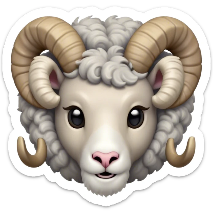 Cinematic Cute Ram Portrait Emoji, Head tilted playfully and inquisitively, featuring a dense, woolly grey fur with charming curled horns, round, sparkling dark eyes filled with curiosity, Simplified yet irresistibly adorable features, highly detailed, glowing with a warm, friendly glow, high shine, affectionate and spirited, stylized with a touch of rugged whimsy, bright and endearing, soft glowing outline, capturing the essence of a mischievous yet loving ram, so playful it feels like it could butt its way out of the screen and into your arms! sticker
