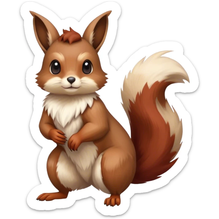 Cute cool animal hybrid Fakemon full body, dark-red-brown, beige, squirrel-eevee-bunny sticker