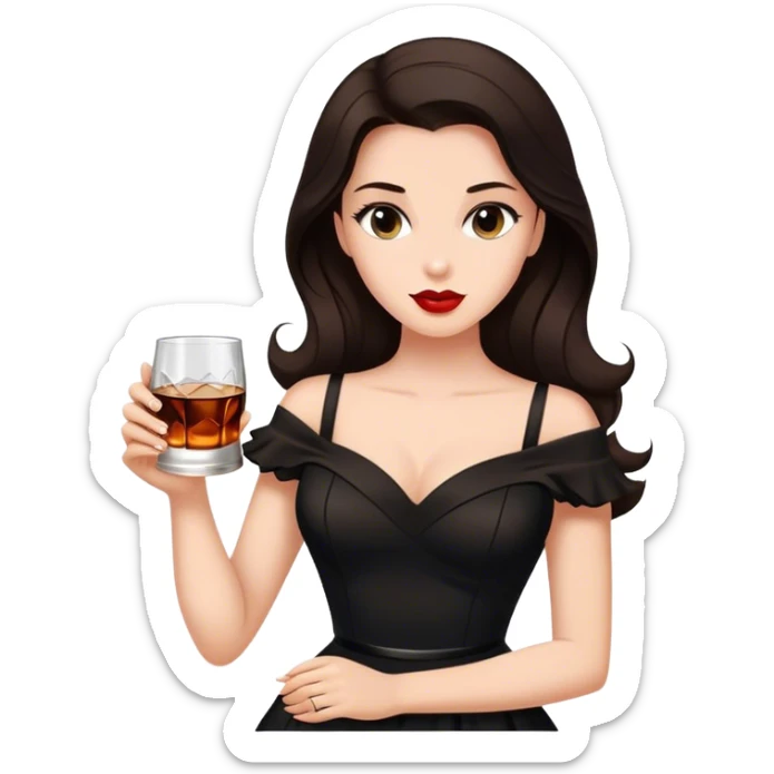 Beautiful woman in 1950’s woman fashion look, black dress, long dark brown hair, whisky with ice sticker