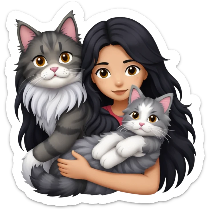 Girl with long black hair hugging a gray fluffy plush toy and a tricolor Maine Coon cat sticker