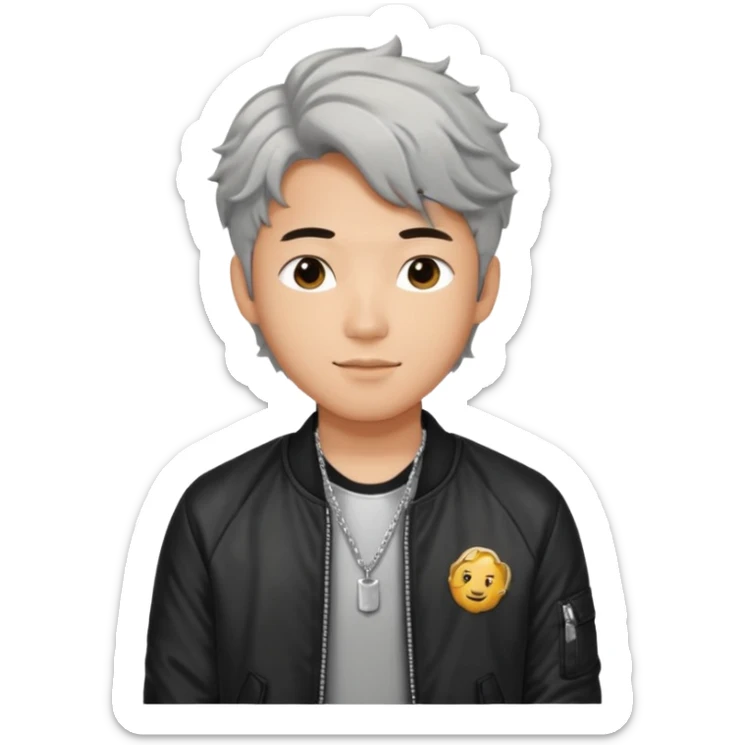 Handsome and cute Asian guy wavy hair, wearing silver necklace, dressed cool in black bomber jacket, demure but with a smirk  sticker