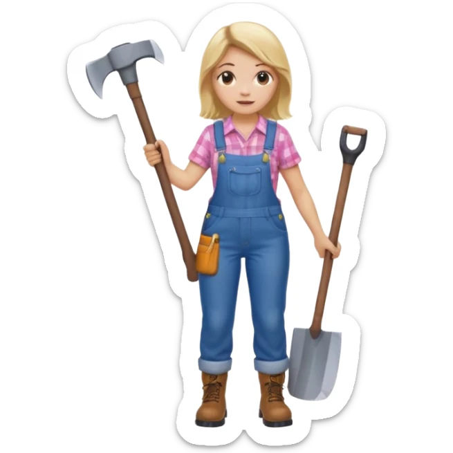 lumberjack blonde woman holding axe pink checked shirt and overalls sticker