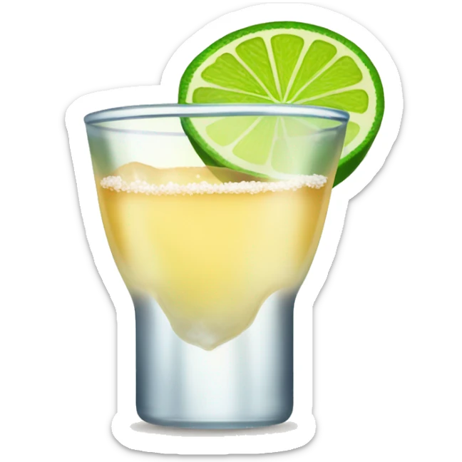 Tequila shot with a lime on top of the glass and salt around the edges sticker