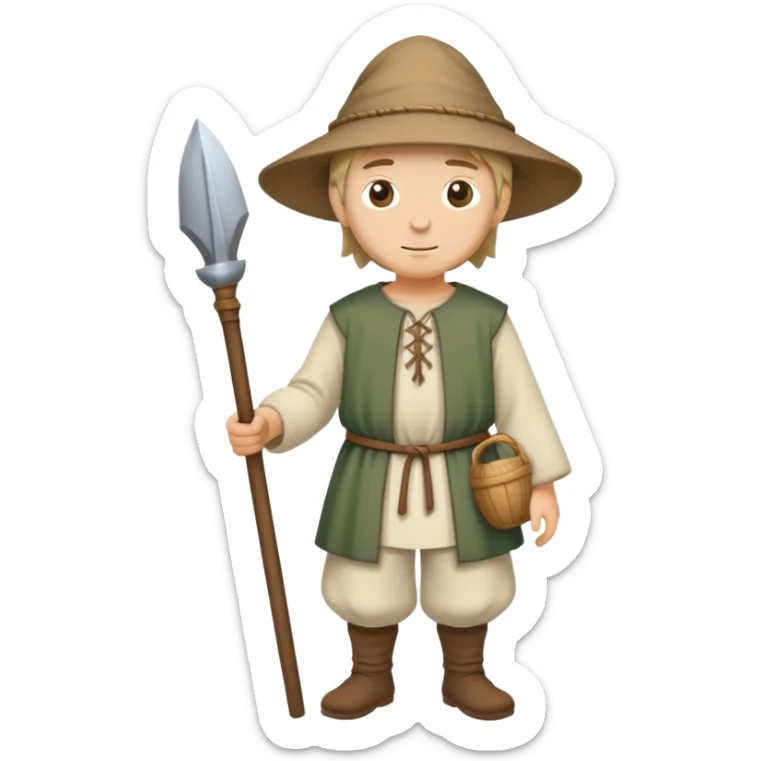 Full body of medieval peasant commoner in simple cloth clothing and hat sticker
