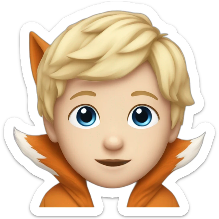Baby boy with blond hair and blue eyes and a fox plush sticker