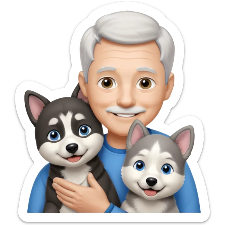 A 60 year old man with blue eyes and short light gray hair and slightly big ears, holding a black and white husky dog with floppy ears and white tuft eyebrows, both smiling sticker