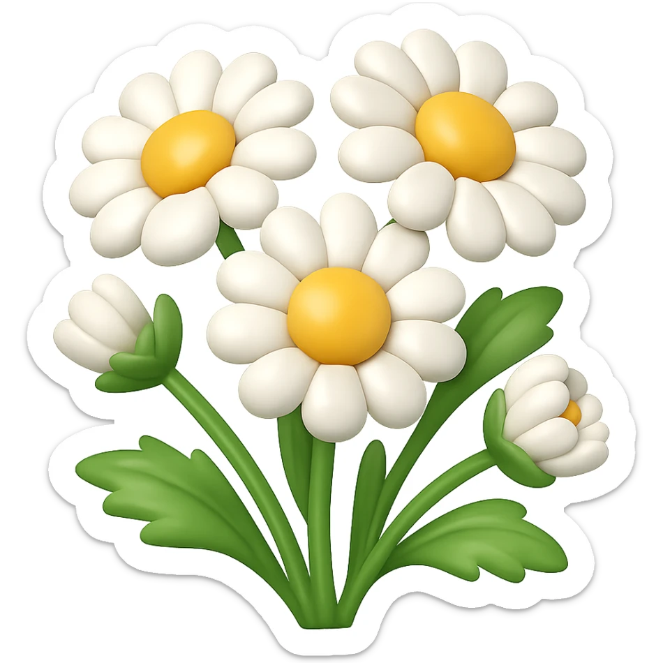 Create a 3D illustration of daisies in the style of iOS Apple emojis, featuring voluminous petals and yellow centers, on a transparent background. The style should reflect the characteristic look of Apple emojis with a polished and dimensional appearance. sticker