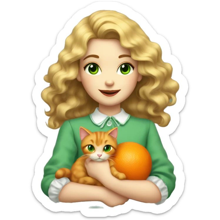 A girl with dark long blonde wavy hair and big green eyes, big lips and smiling, holding an orange cat and both of them are wearing vintage french clothes sticker
