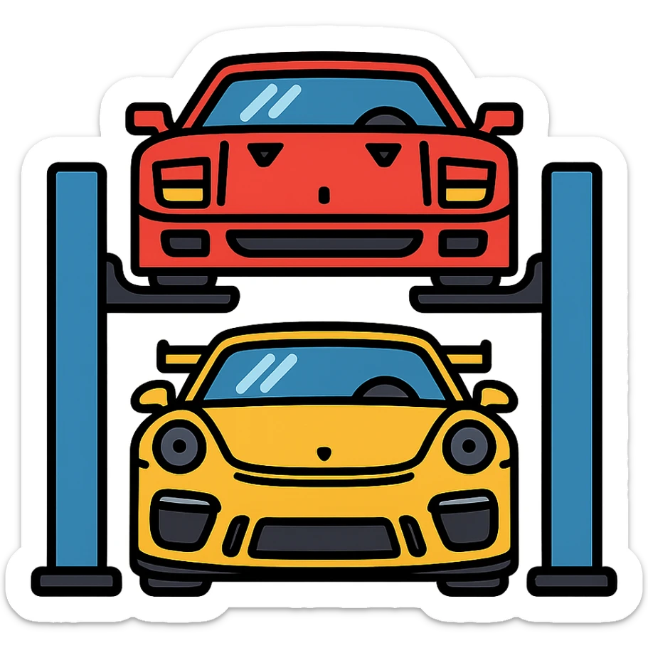 front view of a Ferrari F40 on a car lift with a yellow Porsche GT3 RS underneath, both cars fully visible, cartoon style, bold outlines sticker