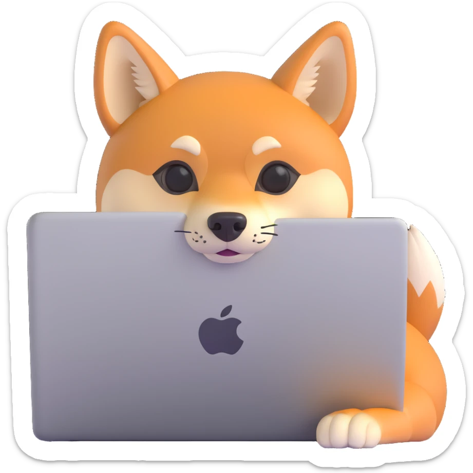 adorable Shiba Inu Horus with tan orange fur and pointy ears, peeking behind a glowing silver MacBook laptop, calm focused expression, modern Apple emoji style, 3D, rounded, soft shadows, glossy, tight framing, white or transparent background, small and expressive like personal assistant icon sticker