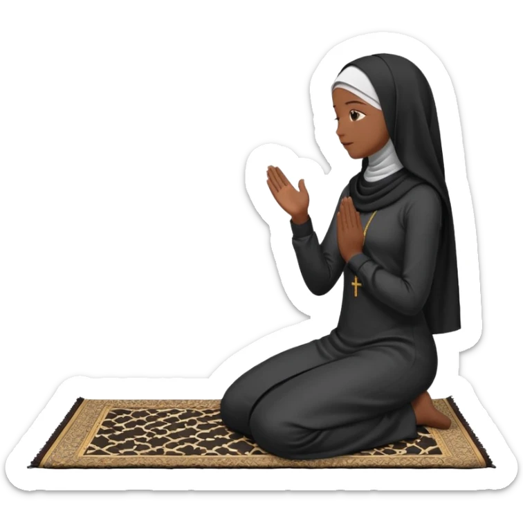 Muslim woman in black jiljab side profile praying on prayer mat  holding up hands to god sticker