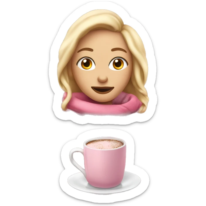Blonde girl wrapped up in bed with a pink blanket and a mug of hot chocolate sticker