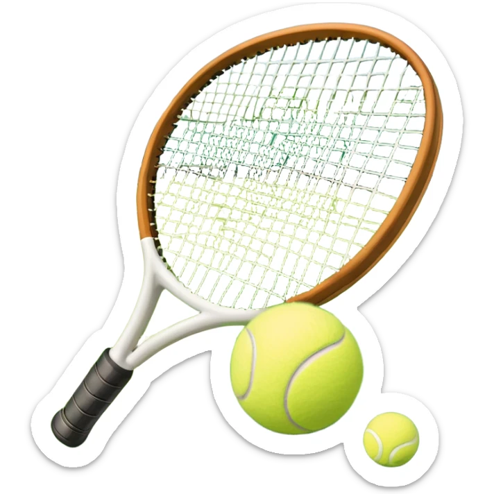 A tennis racket resting on the green grass of a tennis court, with a tennis ball placed nearby and the net stretching across the court. The background captures the fresh, open atmosphere of a traditional grass court, emphasizing the elegance and precision of the sport. sticker