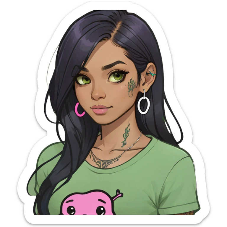 Earthreal sparkly angelic mystical magical shiny pretty Fairy. Dark Brown eyes. Caramel skin. Long black hair. White, hot pink and light blue and lavender and light green and light yellow . Tattoos sticker