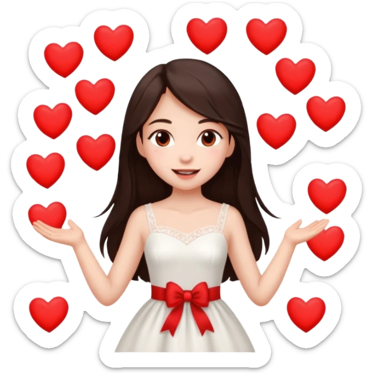 A beautiful girl with long, dark brown hair, fair skin, and a lovely white dress, is overjoyed with love and surrounded by hearts. sticker
