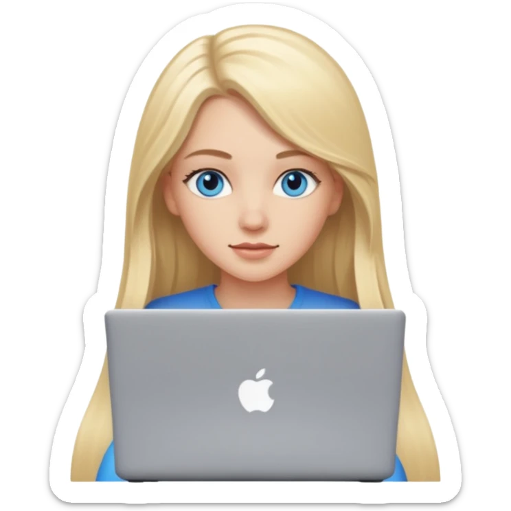 White girl with long blonde hair and blue eyes with laptop sticker