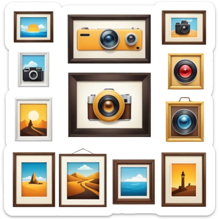 Icon for Photograph and Poster Collecting: a collection of photographs and movie posters, neatly displayed on a wall or in frames. The icon should evoke the nostalgia and artistic value of collecting rare images and posters. Transparent background. sticker