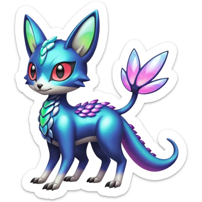 Shiny exotic animalistic feral Colorful glowing glossy smooth soft silky Futuristic Cyber-Vernid-Trico-Meloetta-Latias-Koraidon-Peppercat-Protogen-Pokémon-Digimon-Fakémon-fusion-hybrid-creature sticker