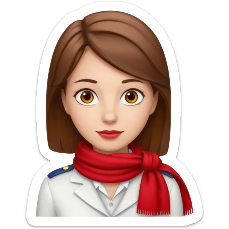Female flight attendant, with red scarf, white shirt, brown hair, brown eyes, iOS emoji-type face, fair skin  sticker