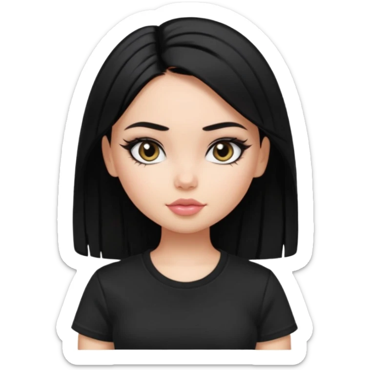 a pretty bratz girl with straight black hair wearing a black tshirt, eyeliner, side part. waist up sticker