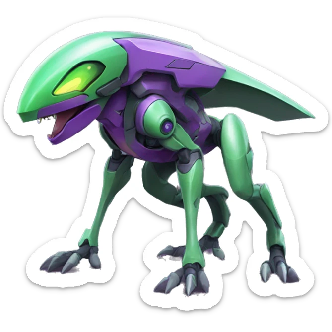 a purple-green Genesect-Raptor-Fakémon—hybrid with a futuristic visor-helmet full body sticker