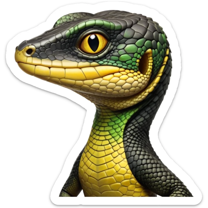 cinematic-realistic-cute-monitor-lizard-portrait-emoji,-head-tilted-playfully-and-inquisitively,-featuring-a-compact,-agile-body-with-finely-detailed,-glossy-scales-in-earthy-black and yellow-hues-and-a-distinct,-alert-face-with-bright,-curious-eyes, black , yellow spotted and green band  scales and a slender neck sticker