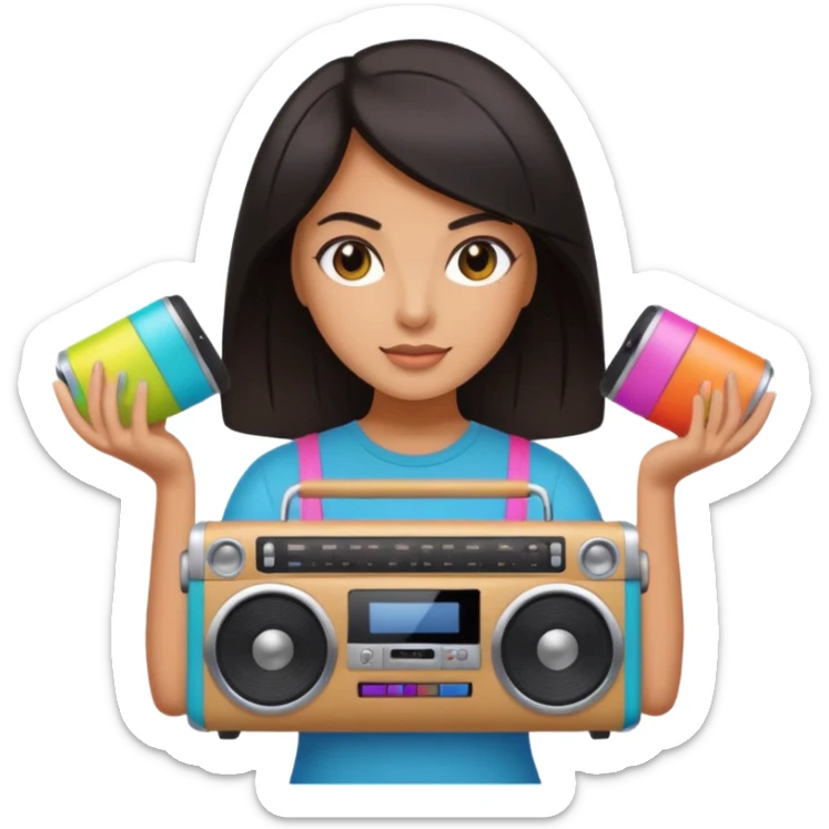 dar hair woman holding colorful boombox sticker