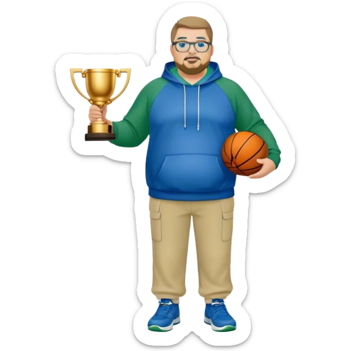 full body white obese male basketball coach with trophy. Goatee , Wearing glasses and blue and green hoodie and khaki pants sticker