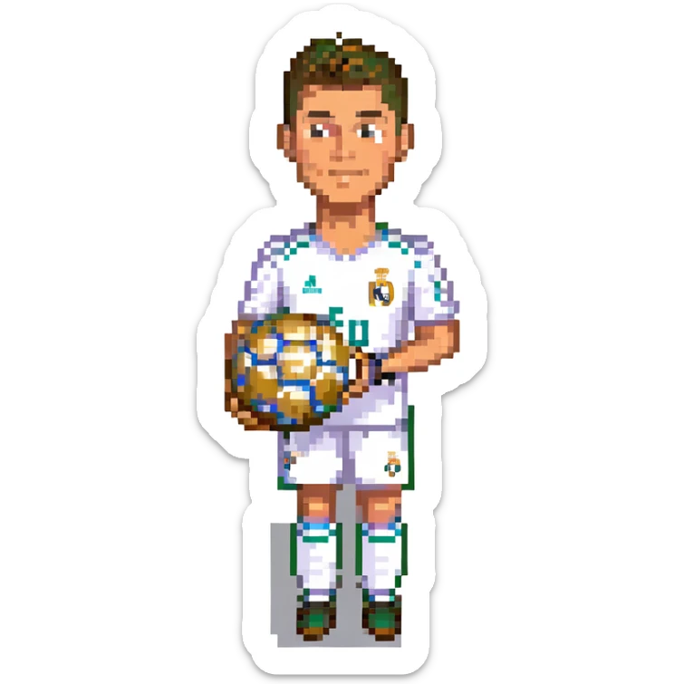 Cristiano Ronaldo in Real Madrid soccer uniform holding the Golden Ball trophy sticker