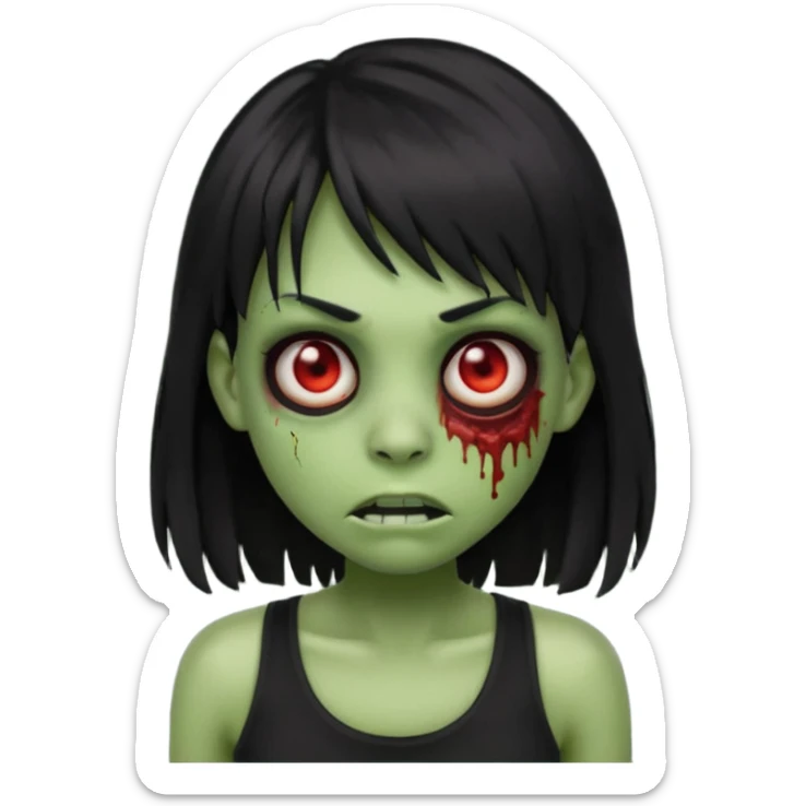 Zombie emoji with long black hair and bangs, with green skin, big red eyes, small nose, and a simple black tank top.  sticker