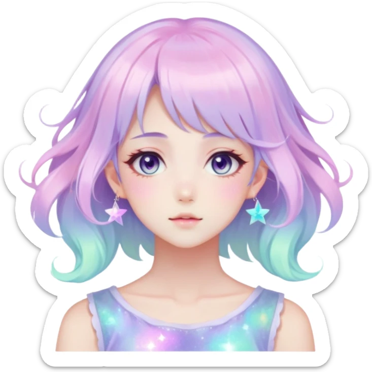 Beautiful gorgeous anime lady with beautiful iridescent-pastel-nebula-hair, fashion aesthetic, ethereal, fairycore, pastelcore sticker