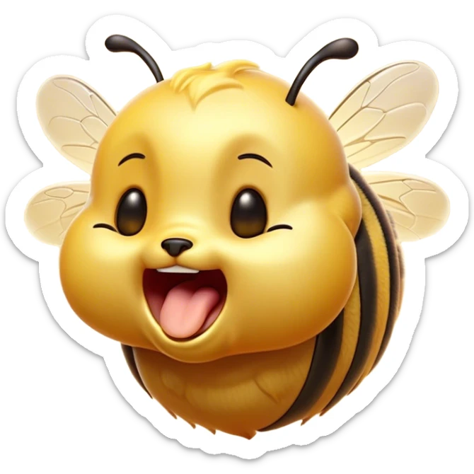 Cinematic Adorable Yawning Bee Portrait Emoji, Head tilted slightly with a dramatic, wide-open yawn, showcasing a tiny, fuzzy body with gently drooping wings and sleepy, half-closed eyes, Simplified yet irresistibly cute features, highly detailed, glowing with a soft, cozy golden glow, high shine, relaxed yet expressive, stylized with a dash of whimsical honey charm, soft glowing outline, capturing the essence of a drowsy bee that appears ready to stretch out for a nap! sticker