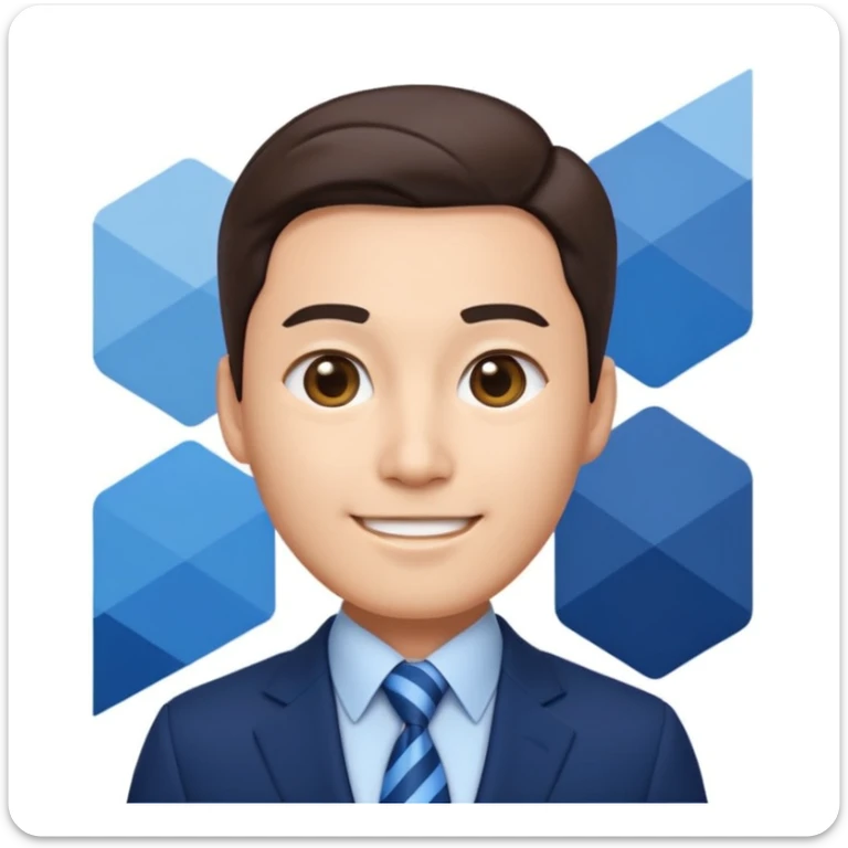 Korean businessman emoji in navy suit and blue tie, confident smile, blue and white geometric striped background, expressing digital innovation and professionalism sticker