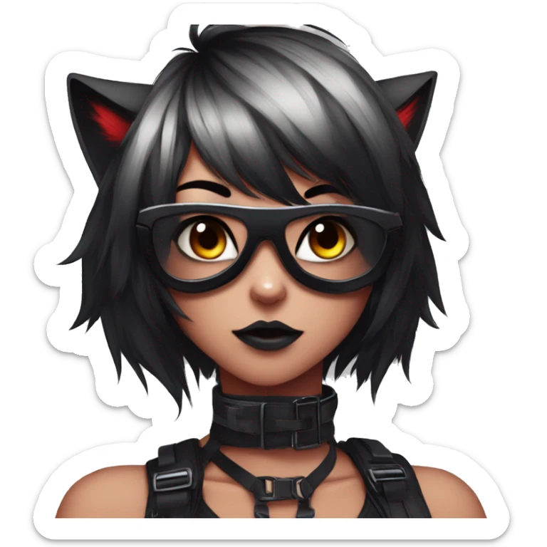 Anthro Edgy Cool Beautiful Black Cat-Fursona with Emo Hair-bangs with Red Streaks Chest Harness sticker