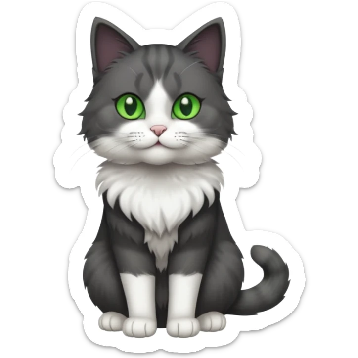 full body view of beautiful female solid dark grey cat with green eyes, white toes and white patch on chest sticker