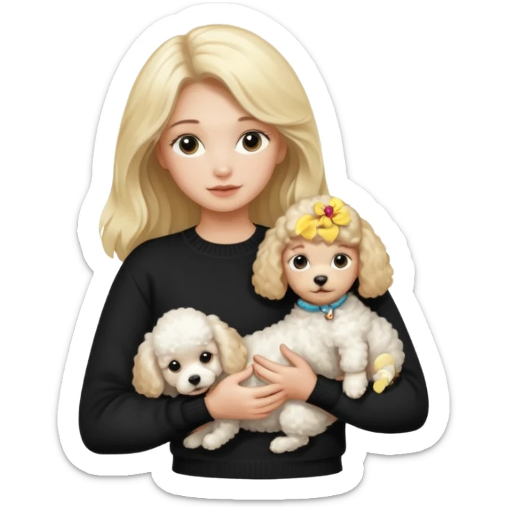 blonde girl with long hair in a black sweater holds a Poodle puppy in her arms sticker