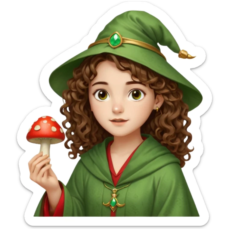 very beautiful italian girl, hazelnut brown eyes, looking like Emma Watson, with curly and big volume very bright brown hair, and a golden piercing ring in nose on left side, dressed in a beautiful wizard robe of green colors, holding red fly mushroom sticker