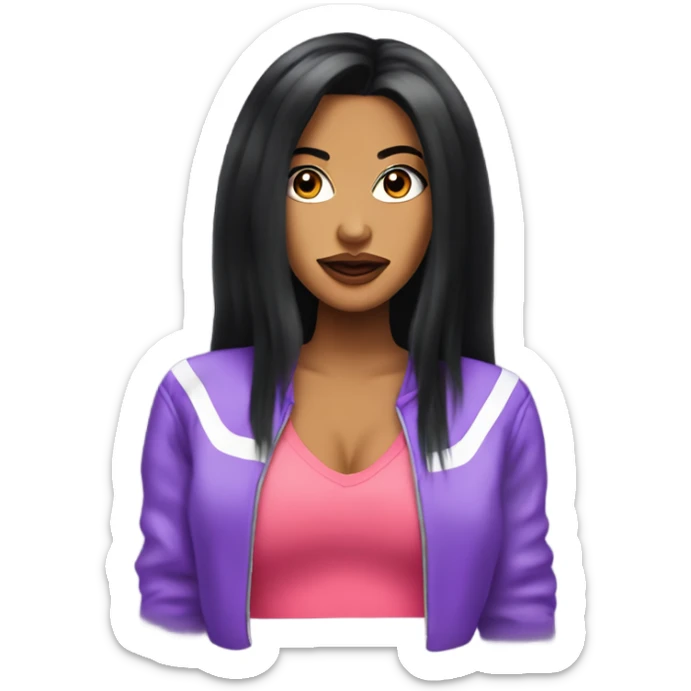 Tanned woman with long black hair dressed in Y2K R&B hair, makeup, and neon attire sticker